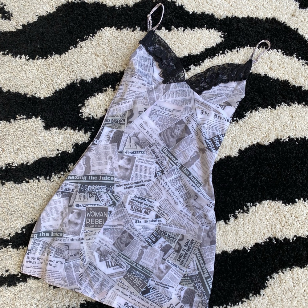 O-Mighty Newsprint Lace Slip Dress